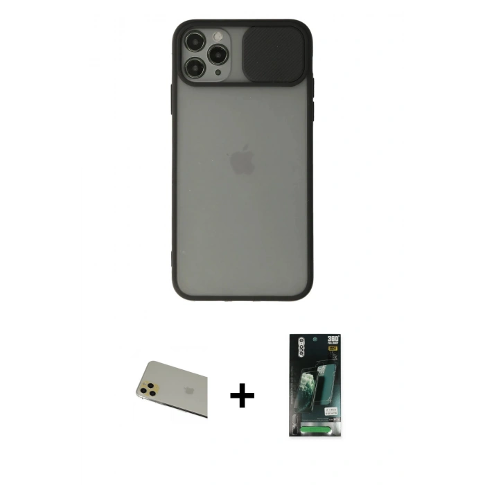 MARSİLYAN™- iPhone 11 Pro Max Kılıf Vadi Çizgi - Siyah 360 Mat Full Body Arka Koruyucu + Rainbow Kamera Lens Koruma Cam - GD