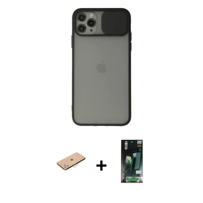 MARSİLYAN™- iPhone 11 Pro Max Kılıf Vadi Çizgi - Siyah 360 Mat Full Body Arka Koruyucu + Renkli Kamera Lens Koruma Cam - PE
