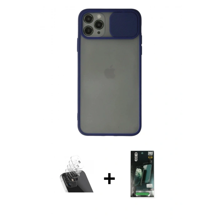 MARSİLYAN™- iPhone 11 Pro Max Kılıf Vadi Çizgi - Siyah 360 Mat Full Body Arka Koruyucu + Kamera Lens Koruma Cam - SF