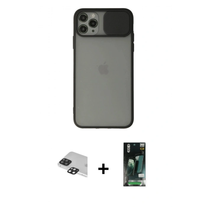 MARSİLYAN™- iPhone 11 Pro Max Kılıf Vadi Çizgi - Siyah 360 Mat Full Body Arka Koruyucu + Siyah Pers Alüminyum Kamera Lens