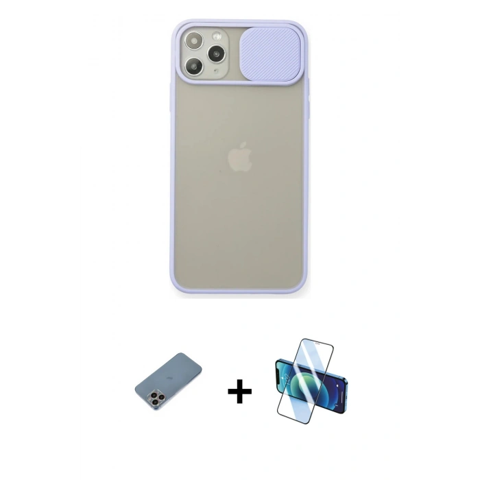 MARSİLYAN™- iPhone 11 Pro Max Kılıf Vadi Çizgi - Siyah 3D Antistatik Cam Ekran Koruyucu + Shine Kamera Lens Koruma Cam - GI