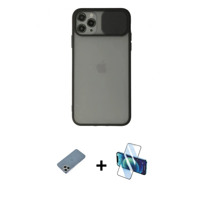 MARSİLYAN™- iPhone 11 Pro Max Kılıf Vadi Çizgi - Siyah 3D Antistatik Cam Ekran Koruyucu + Shine Kamera Lens Koruma Cam - GS