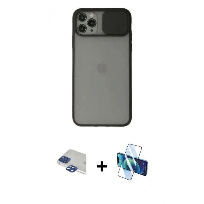 MARSİLYAN™- iPhone 11 Pro Max Kılıf Vadi Çizgi - Siyah 3D Antistatik Cam Ekran Koruyucu + Pers Alüminyum Kamera Lens - LT