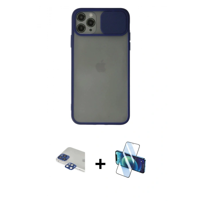 MARSİLYAN™- iPhone 11 Pro Max Kılıf Vadi Çizgi - Siyah 3D Antistatik Cam Ekran Koruyucu + Pers Alüminyum Kamera Lens - LT