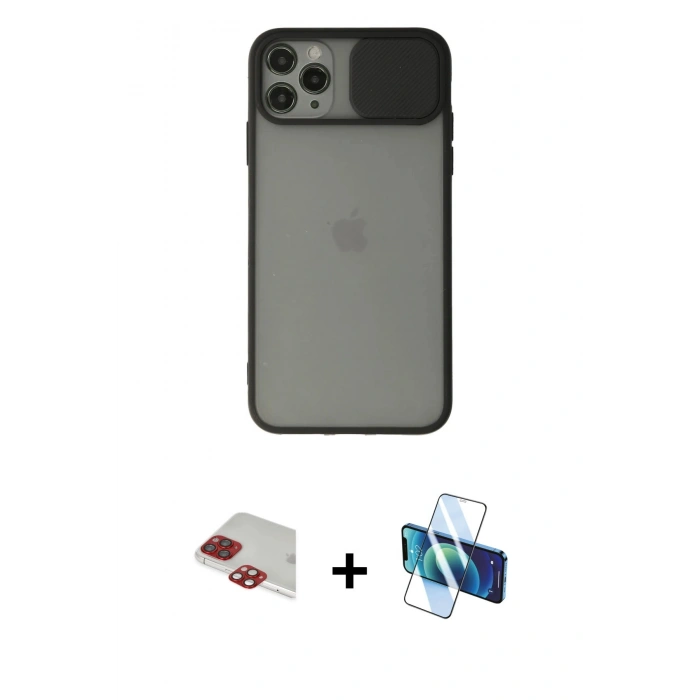 MARSİLYAN™- iPhone 11 Pro Max Kılıf Vadi Çizgi - Siyah 3D Antistatik Cam Ekran Koruyucu + Pers Alüminyum Kamera Lens - KI