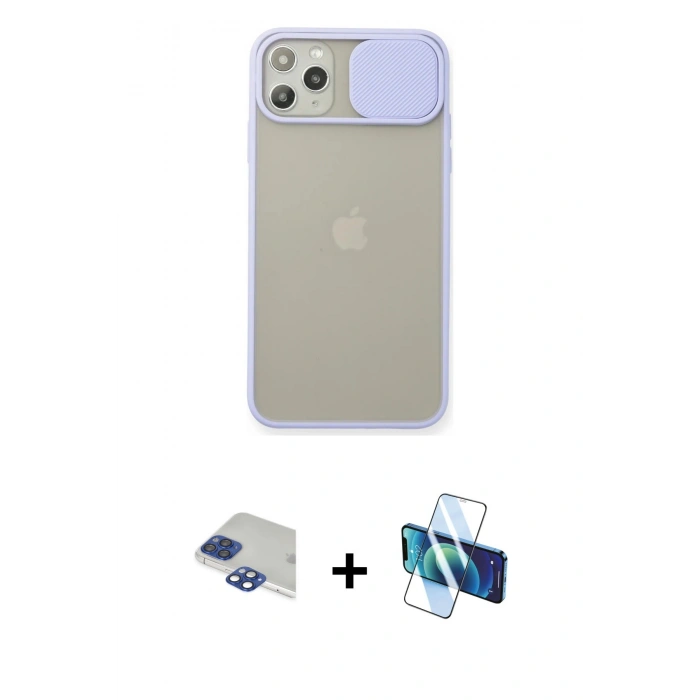 MARSİLYAN™- iPhone 11 Pro Max Kılıf Vadi Çizgi - Siyah 3D Antistatik Cam Ekran Koruyucu + Pers Alüminyum Kamera Lens - LT