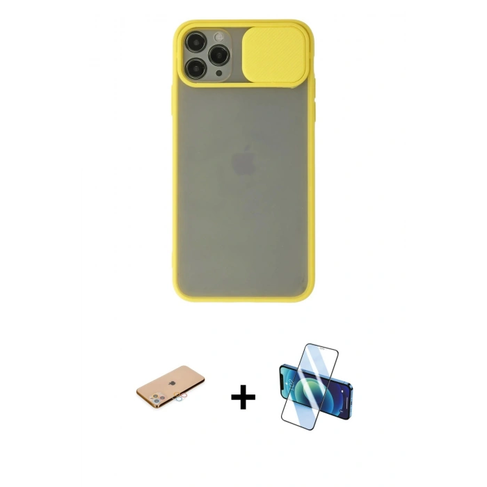 MARSİLYAN™- iPhone 11 Pro Max Kılıf Vadi Çizgi - Siyah 3D Antistatik Cam Ekran Koruyucu + Renkli Kamera Lens Koruma Cam - PE
