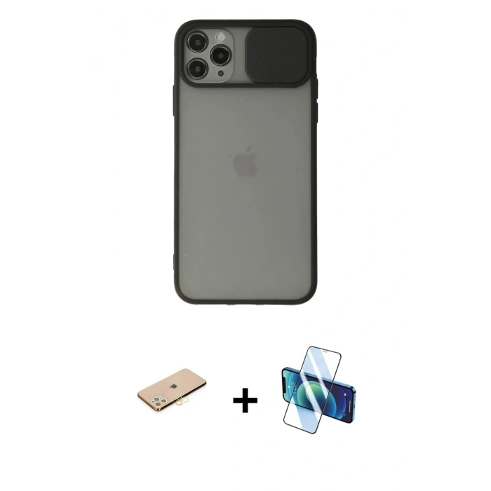 MARSİLYAN™- iPhone 11 Pro Max Kılıf Vadi Çizgi - Siyah 3D Antistatik Cam Ekran Koruyucu + Renkli Kamera Lens Koruma Cam - SI