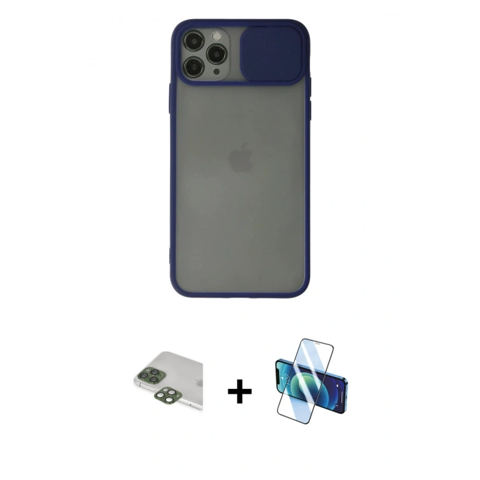 MARSİLYAN™- iPhone 11 Pro Max Kılıf Vadi Çizgi - Siyah 3D Antistatik Cam Ekran Koruyucu + Pers Alüminyum Kamera Lens - YL