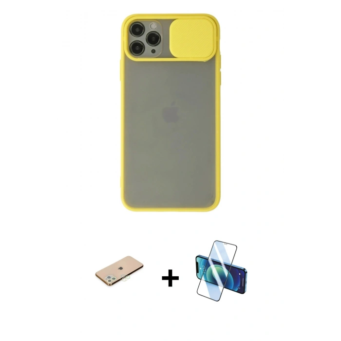 MARSİLYAN™- iPhone 11 Pro Max Kılıf Vadi Çizgi - Siyah 3D Antistatik Cam Ekran Koruyucu + Renkli Kamera Lens Koruma Cam - YL