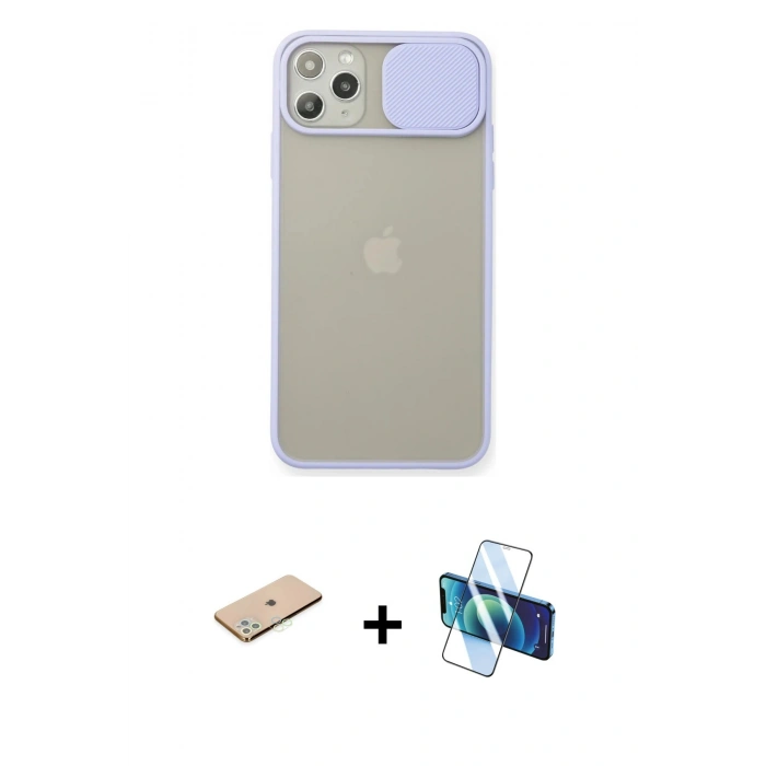 MARSİLYAN™- iPhone 11 Pro Max Kılıf Vadi Çizgi - Siyah 3D Antistatik Cam Ekran Koruyucu + Renkli Kamera Lens Koruma Cam - YL