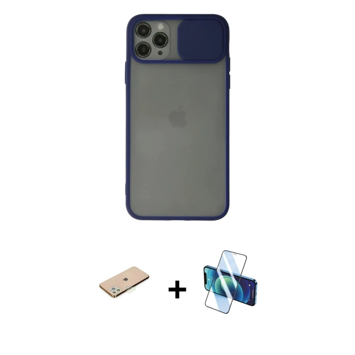 MARSİLYAN™- iPhone 11 Pro Max Kılıf Vadi Çizgi - Siyah 3D Antistatik Cam Ekran Koruyucu + Renkli Kamera Lens Koruma Cam - YL
