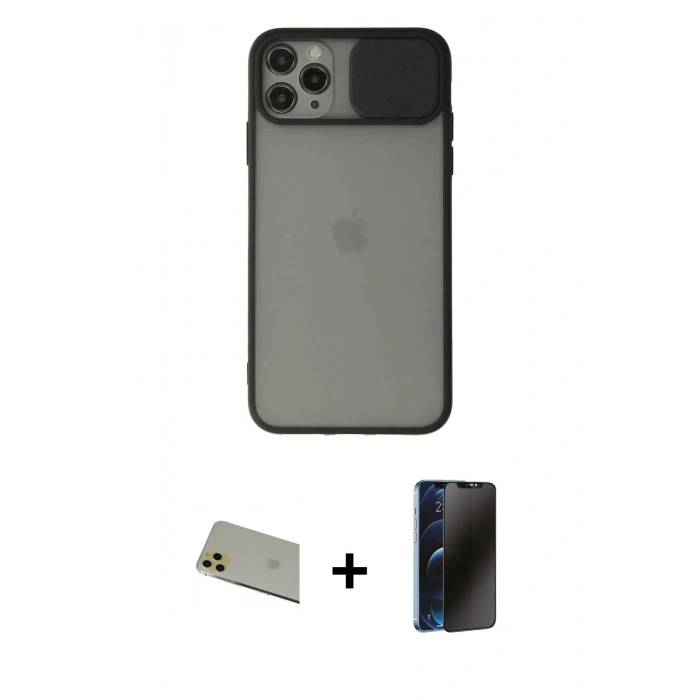 MARSİLYAN™- iPhone 11 Pro Max Kılıf Vadi Çizgi - Siyah 3D Antistatik Hayalet Cam Ekran Koruyucu + Rainbow Kamera Lens Koruma Cam - GD