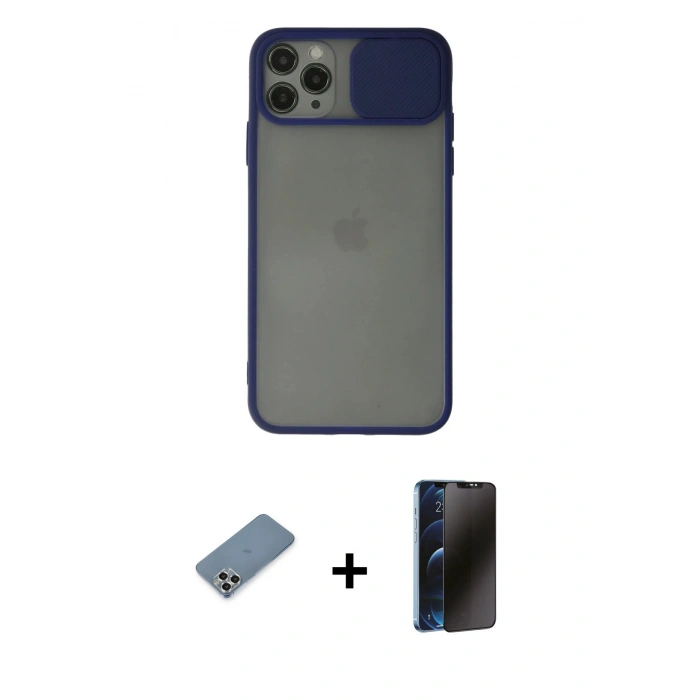 MARSİLYAN™- iPhone 11 Pro Max Kılıf Vadi Çizgi - Siyah 3D Antistatik Hayalet Cam Ekran Koruyucu + Metal Kamera Lens Koruma Cam - GS