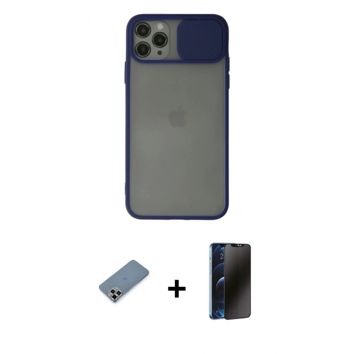 MARSİLYAN™- iPhone 11 Pro Max Kılıf Vadi Çizgi - Siyah 3D Antistatik Hayalet Cam Ekran Koruyucu + Mor Metal Kamera Lens Koruma Cam