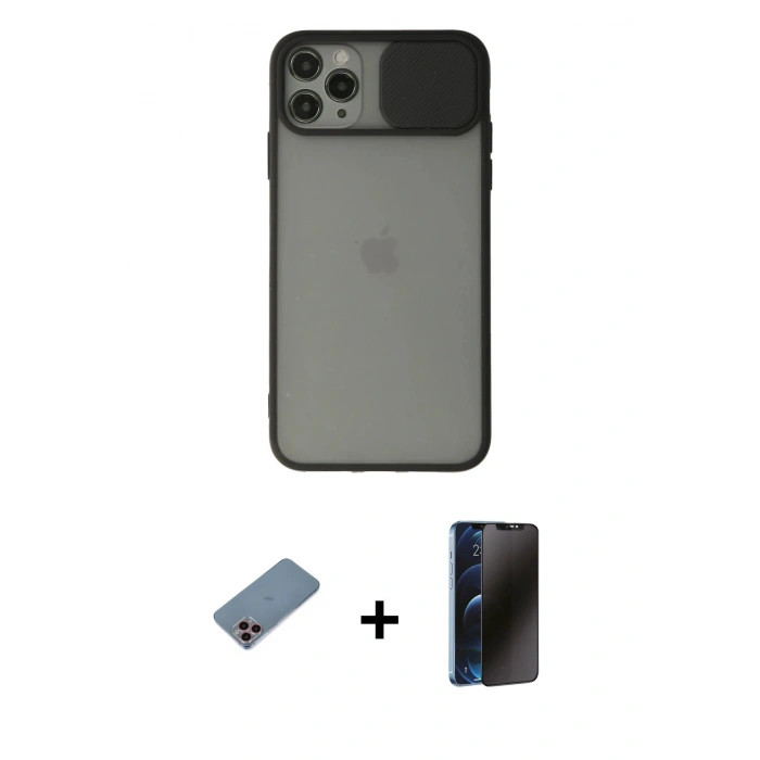 MARSİLYAN™- iPhone 11 Pro Max Kılıf Vadi Çizgi - Siyah 3D Antistatik Hayalet Cam Ekran Koruyucu + Pembe Shine Kamera Lens Koruma Cam