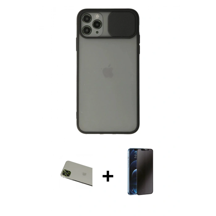 MARSİLYAN™- iPhone 11 Pro Max Kılıf Vadi Çizgi - Siyah 3D Antistatik Hayalet Cam Ekran Koruyucu + Rainbow Kamera Lens Koruma Cam - YL