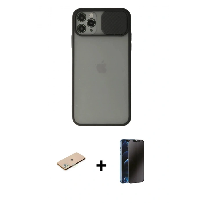 MARSİLYAN™- iPhone 11 Pro Max Kılıf Vadi Çizgi - Siyah 3D Antistatik Hayalet Cam Ekran Koruyucu + Renkli Kamera Lens Koruma Cam - YL