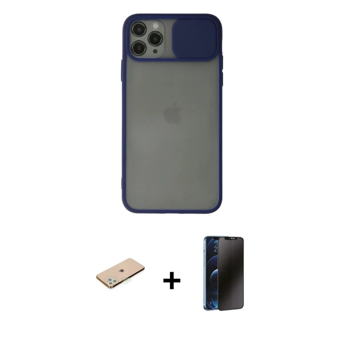 MARSİLYAN™- iPhone 11 Pro Max Kılıf Vadi Çizgi - Siyah 3D Antistatik Hayalet Cam Ekran Koruyucu + Renkli Kamera Lens Koruma Cam - YL