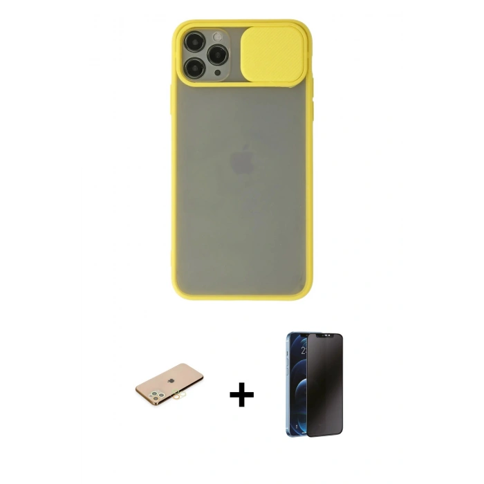 MARSİLYAN™- iPhone 11 Pro Max Kılıf Vadi Çizgi - Siyah 3D Antistatik Hayalet Cam Ekran Koruyucu + Renkli Kamera Lens Koruma Cam - SI