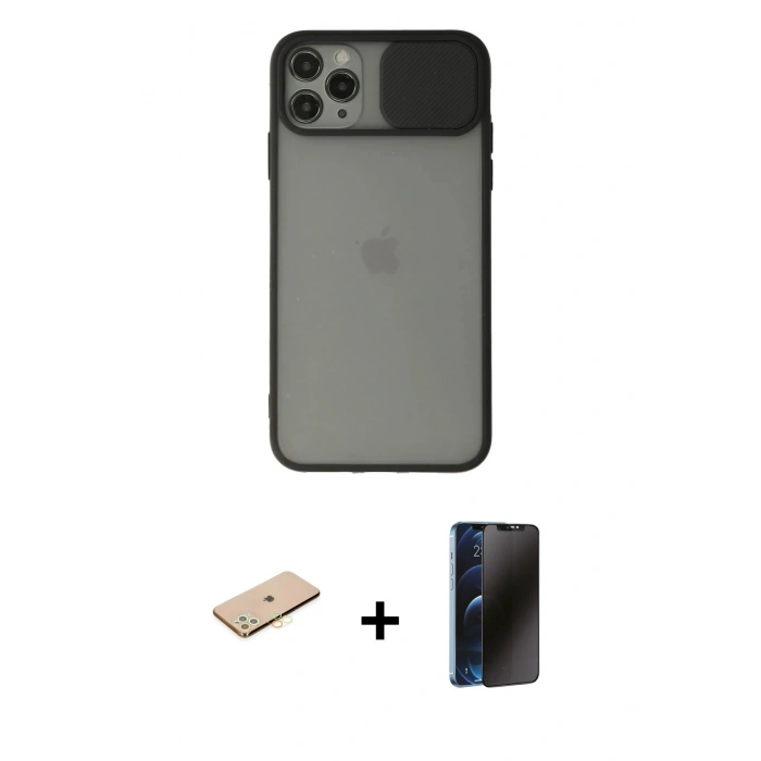 MARSİLYAN™- iPhone 11 Pro Max Kılıf Vadi Çizgi - Siyah 3D Antistatik Hayalet Cam Ekran Koruyucu + Renkli Kamera Lens Koruma Cam - SI