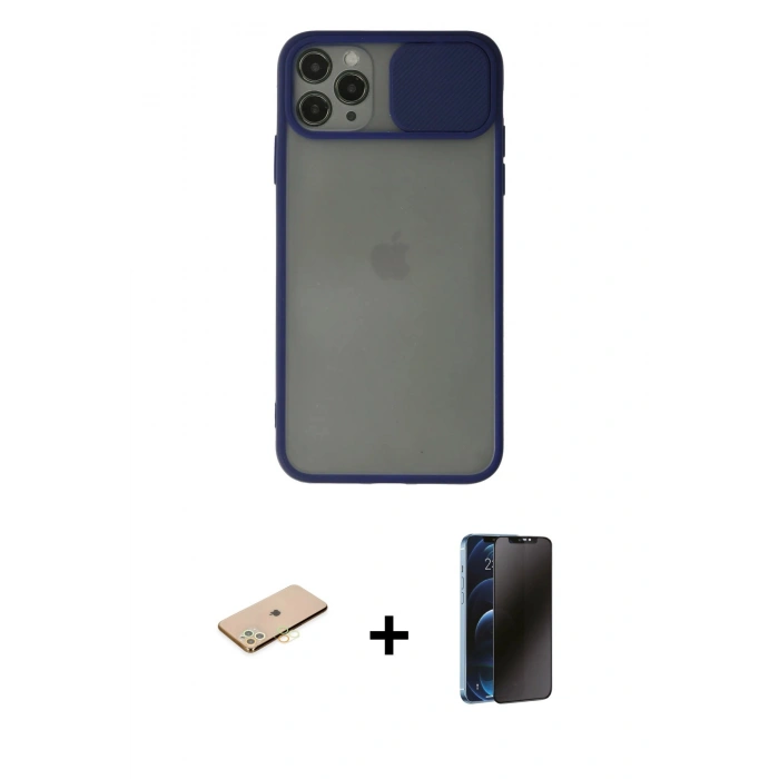MARSİLYAN™- iPhone 11 Pro Max Kılıf Vadi Çizgi - Siyah 3D Antistatik Hayalet Cam Ekran Koruyucu + Renkli Kamera Lens Koruma Cam - SI
