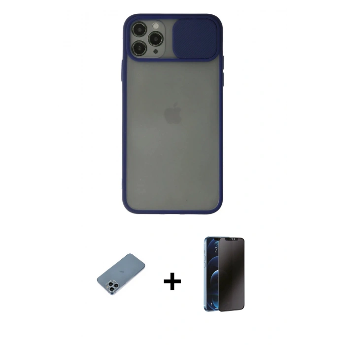 MARSİLYAN™- iPhone 11 Pro Max Kılıf Vadi Çizgi - Siyah 3D Antistatik Hayalet Cam Ekran Koruyucu + Shine Kamera Lens Koruma Cam - SABE