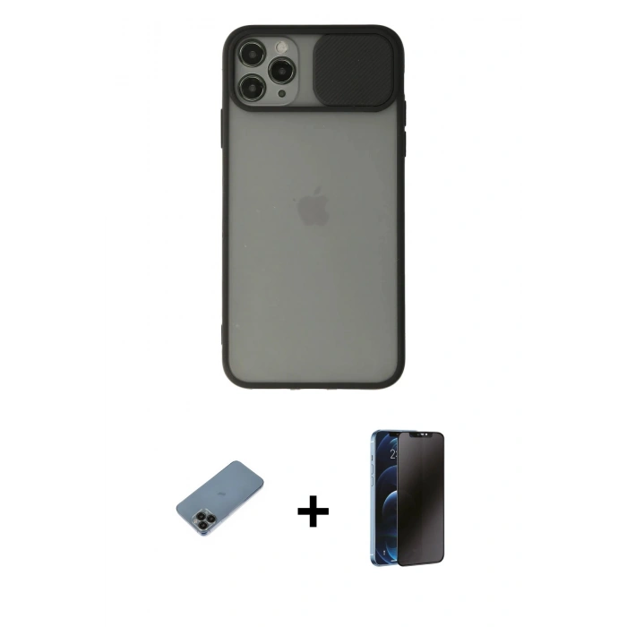 MARSİLYAN™- iPhone 11 Pro Max Kılıf Vadi Çizgi - Siyah 3D Antistatik Hayalet Cam Ekran Koruyucu + Shine Kamera Lens Koruma Cam - SH