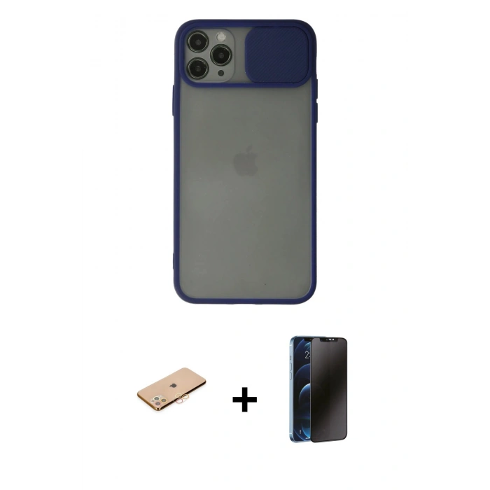 MARSİLYAN™- iPhone 11 Pro Max Kılıf Vadi Çizgi - Siyah 3D Antistatik Hayalet Cam Ekran Koruyucu + Renkli Kamera Lens Koruma Cam - TU