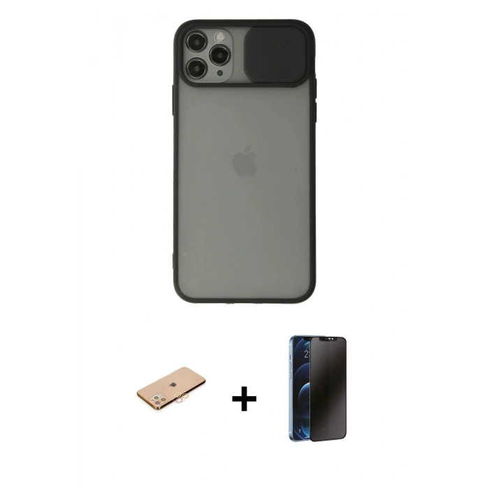 MARSİLYAN™- iPhone 11 Pro Max Kılıf Vadi Çizgi - Siyah 3D Antistatik Hayalet Cam Ekran Koruyucu + Renkli Kamera Lens Koruma Cam - TU