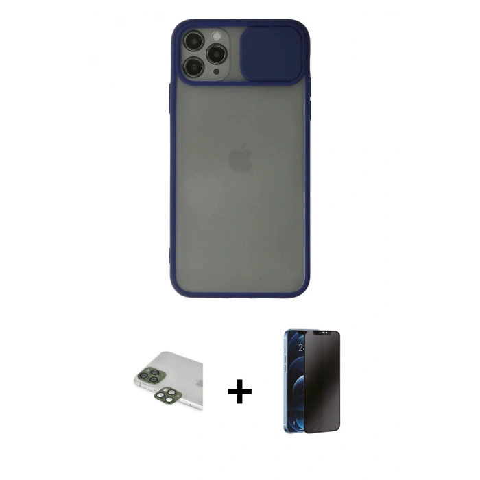 MARSİLYAN™- iPhone 11 Pro Max Kılıf Vadi Çizgi - Siyah 3D Antistatik Hayalet Cam Ekran Koruyucu + Pers Alüminyum Kamera Lens - YL