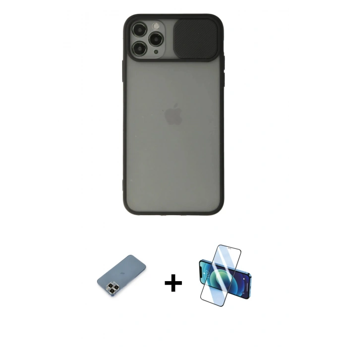 MARSİLYAN™- iPhone 11 Pro Max Kılıf Vadi Çizgi - Siyah 3D Antistatik Seramik Nano Ekran Koruyucu + Metal Kamera Lens Koruma Cam - GD