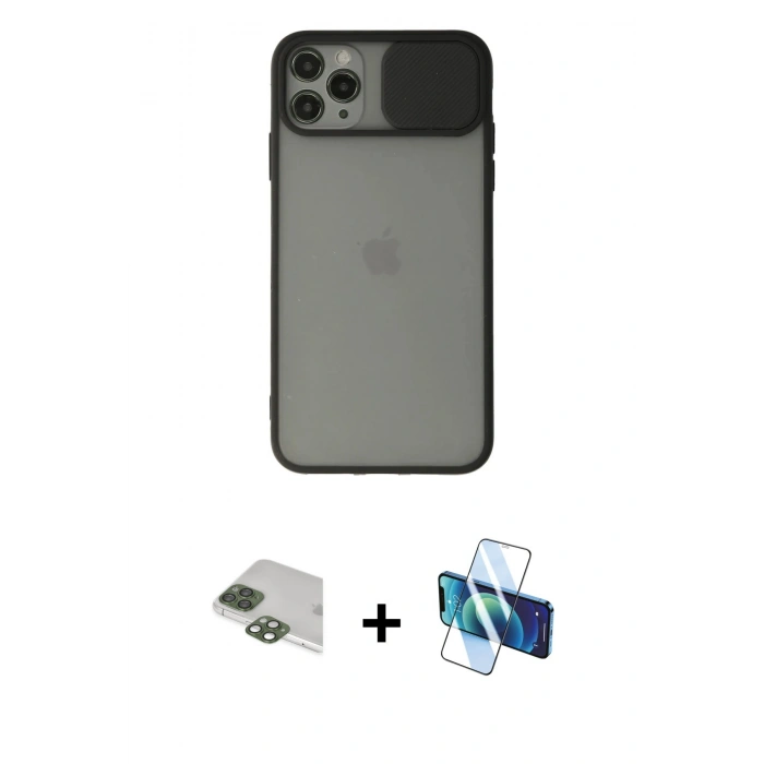 MARSİLYAN™- iPhone 11 Pro Max Kılıf Vadi Çizgi - Siyah 3D Antistatik Seramik Nano Ekran Koruyucu + Pers Alüminyum Kamera Lens - YL