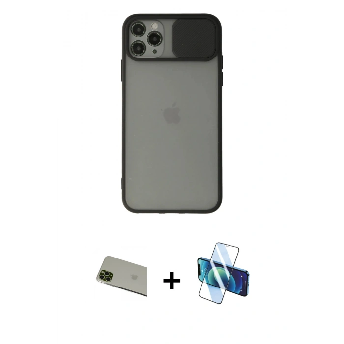 MARSİLYAN™- iPhone 11 Pro Max Kılıf Vadi Çizgi - Siyah 3D Antistatik Seramik Nano Ekran Koruyucu + Rainbow Kamera Lens Koruma Cam - YL