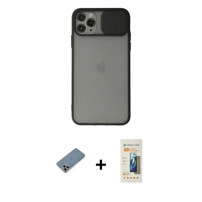 MARSİLYAN™- iPhone 11 Pro Max Kılıf Vadi Çizgi - Siyah 6D Mat Seramik Hayalet Nano Ekran Koruyucu + Metal Kamera Lens Koruma Cam - GD
