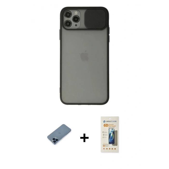 MARSİLYAN™- iPhone 11 Pro Max Kılıf Vadi Çizgi - Siyah 6D Mat Seramik Hayalet Nano Ekran Koruyucu + Metal Kamera Lens Koruma Cam - MI