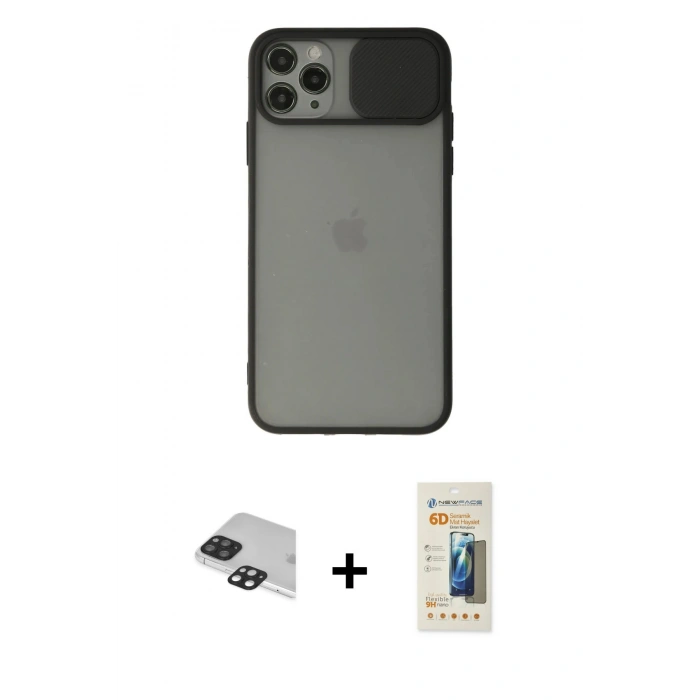 MARSİLYAN™- iPhone 11 Pro Max Kılıf Vadi Çizgi - Siyah 6D Mat Seramik Hayalet Nano Ekran Koruyucu + Pers Alüminyum Kamera Lens - SH