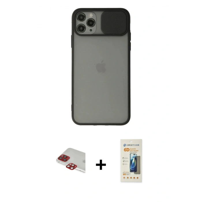 MARSİLYAN™- iPhone 11 Pro Max Kılıf Vadi Çizgi - Siyah 6D Mat Seramik Hayalet Nano Ekran Koruyucu + Pers Alüminyum Kamera Lens - KI