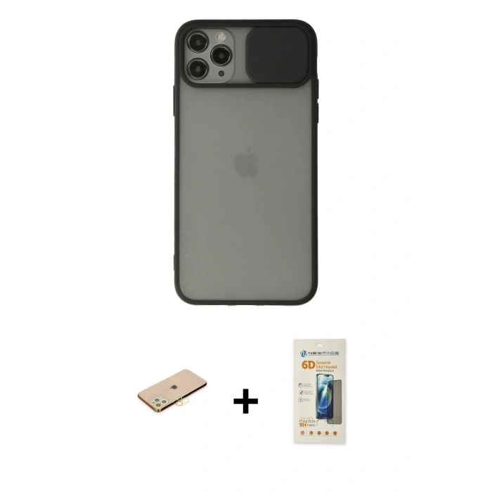 MARSİLYAN™- iPhone 11 Pro Max Kılıf Vadi Çizgi - Siyah 6D Mat Seramik Hayalet Nano Ekran Koruyucu + Renkli Kamera Lens Koruma Cam - SI