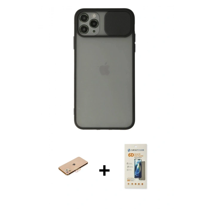 MARSİLYAN™- iPhone 11 Pro Max Kılıf Vadi Çizgi - Siyah 6D Mat Seramik Hayalet Nano Ekran Koruyucu + Renkli Kamera Lens Koruma Cam - TU