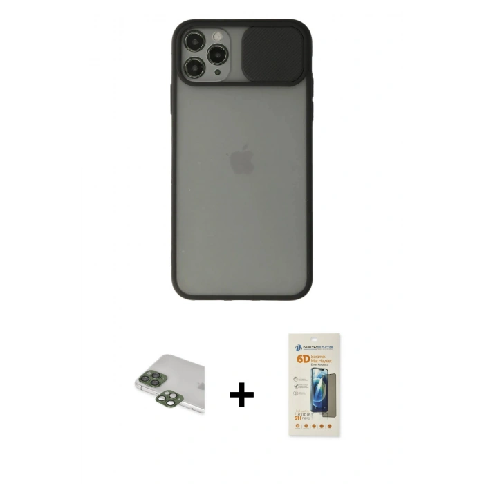 MARSİLYAN™- iPhone 11 Pro Max Kılıf Vadi Çizgi - Siyah 6D Mat Seramik Hayalet Nano Ekran Koruyucu + Yeşil Pers Alüminyum Kamera Lens