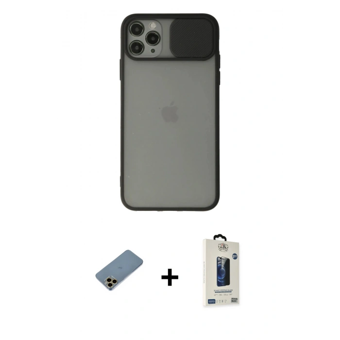 MARSİLYAN™- iPhone 11 Pro Max Kılıf Vadi Çizgi - Siyah Bilvis Hayalet Cam Ekran Koruyucu + Shine Kamera Lens Koruma Cam - GD