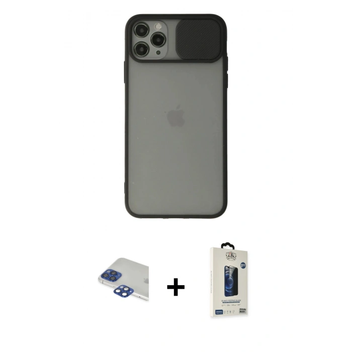 MARSİLYAN™- iPhone 11 Pro Max Kılıf Vadi Çizgi - Siyah Bilvis Hayalet Cam Ekran Koruyucu + Pers Alüminyum Kamera Lens - LT