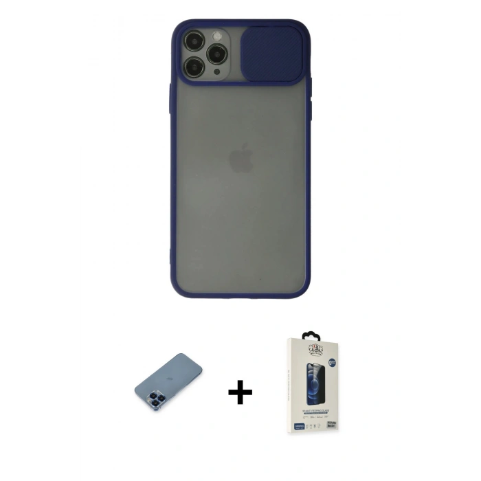 MARSİLYAN™- iPhone 11 Pro Max Kılıf Vadi Çizgi - Siyah Bilvis Hayalet Cam Ekran Koruyucu + Metal Kamera Lens Koruma Cam - MI