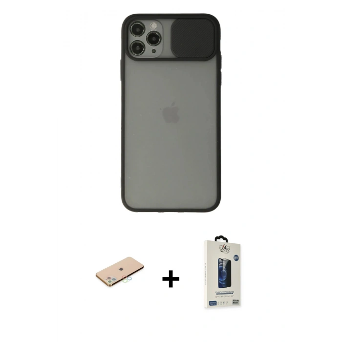 MARSİLYAN™- iPhone 11 Pro Max Kılıf Vadi Çizgi - Siyah Bilvis Hayalet Cam Ekran Koruyucu + Renkli Kamera Lens Koruma Cam - MI