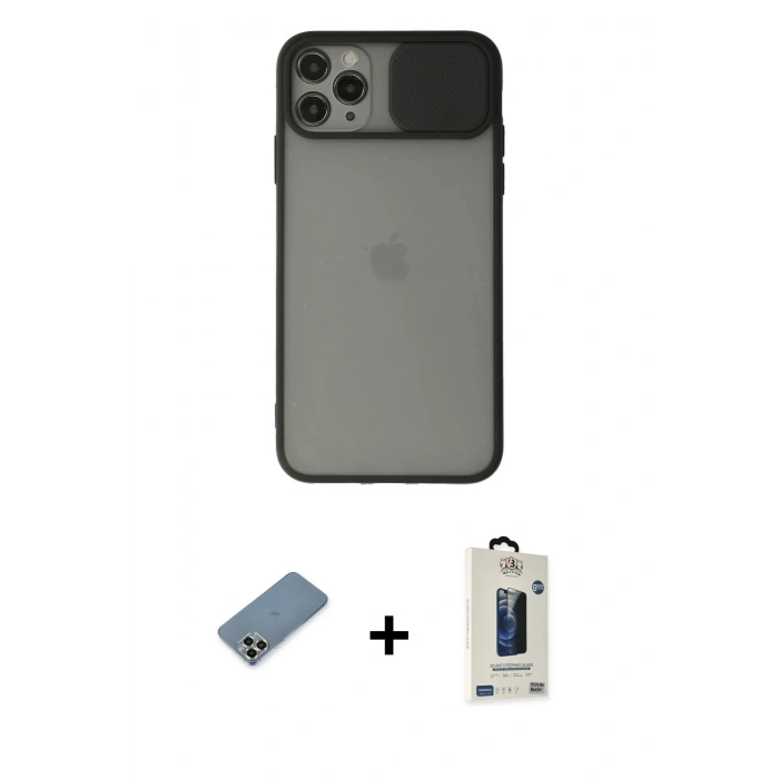 MARSİLYAN™- iPhone 11 Pro Max Kılıf Vadi Çizgi - Siyah Bilvis Hayalet Cam Ekran Koruyucu + Metal Kamera Lens Koruma Cam - AKYL
