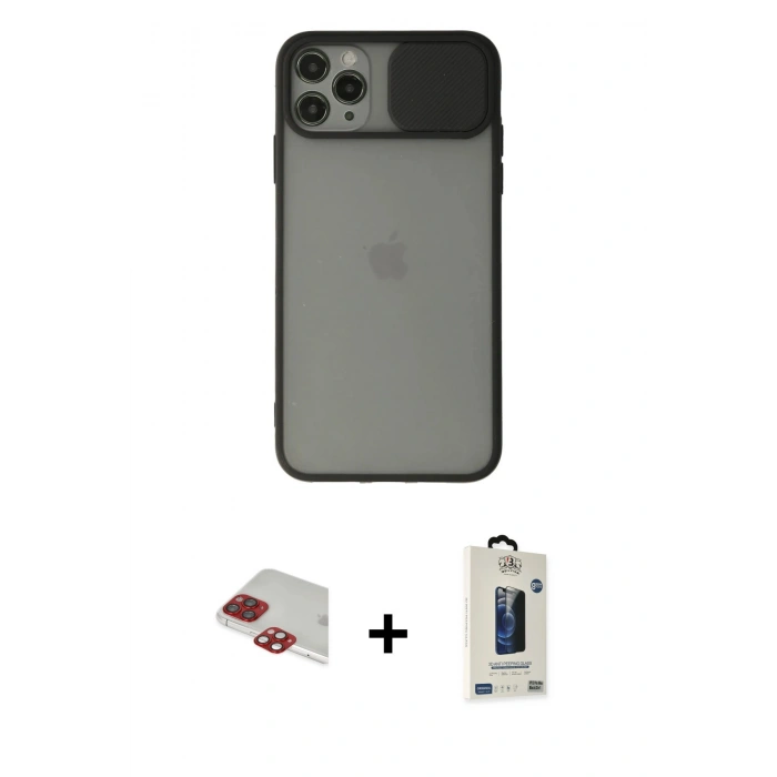 MARSİLYAN™- iPhone 11 Pro Max Kılıf Vadi Çizgi - Siyah Bilvis Hayalet Cam Ekran Koruyucu + Pers Alüminyum Kamera Lens - KI