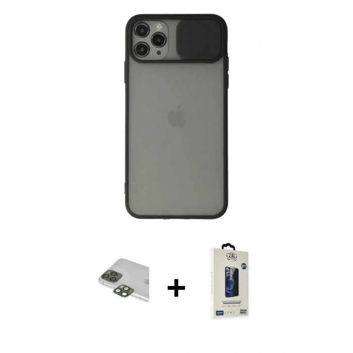 MARSİLYAN™- iPhone 11 Pro Max Kılıf Vadi Çizgi - Siyah Bilvis Hayalet Cam Ekran Koruyucu + Pers Alüminyum Kamera Lens - YL