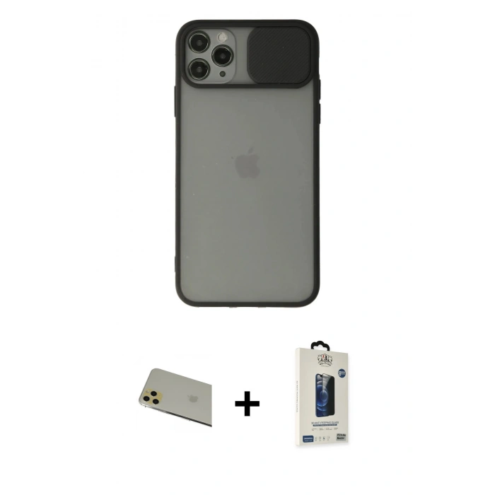 MARSİLYAN™- iPhone 11 Pro Max Kılıf Vadi Çizgi - Siyah Bilvis Hayalet Cam Ekran Koruyucu + Rainbow Kamera Lens Koruma Cam - GD