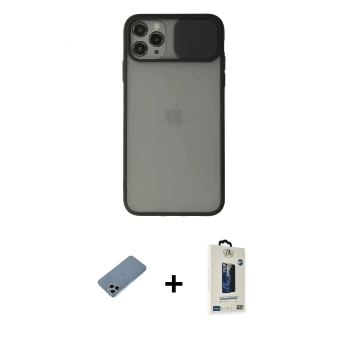 MARSİLYAN™- iPhone 11 Pro Max Kılıf Vadi Çizgi - Siyah Bilvis Hayalet Cam Ekran Koruyucu + Sierra Blue Shine Kamera Lens Koruma Cam